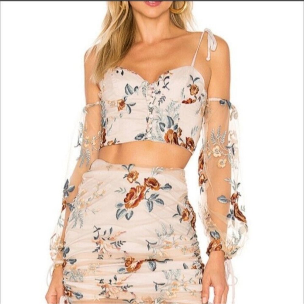 Tularosa Revolve Adele Corset Blouse Top Beige Floral Cold Shoulder Ties Medium